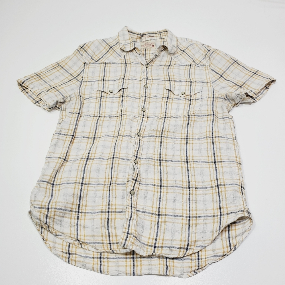 Lucky Brand Shirt Men Size Medium Yellow/Blue Plaid Pearl Snap Short‎ Sleeve